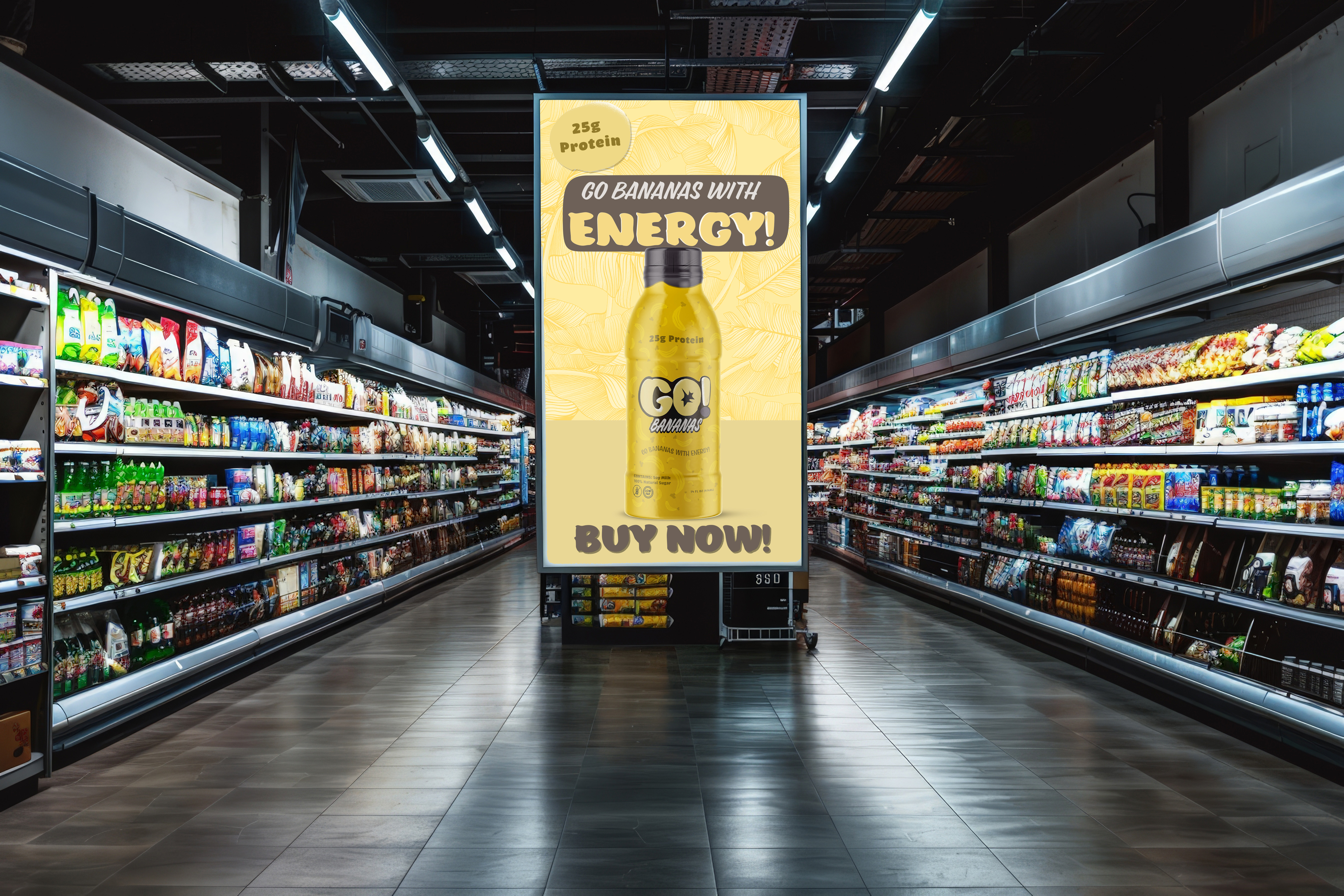 An image of a grocery store filled with items in the center has a poter for the design product Go Bananas! saying htat it has 25g protien, Go Bananas with Energy and to Buy Now with the yellow bottle looking similar to a banana with the cap brown like the stem