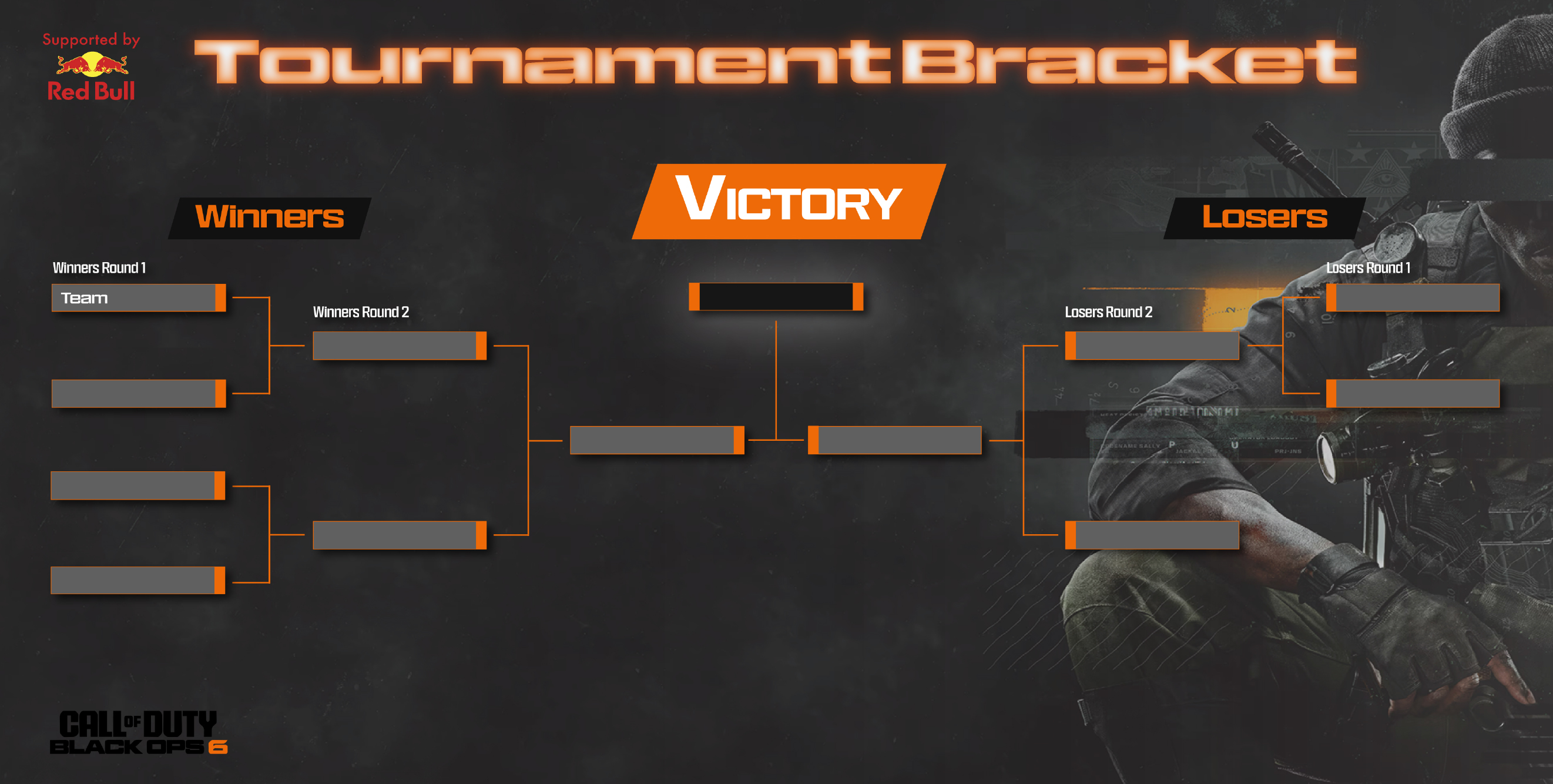 An image of a Tournment Bracket visual on the top left says Supported by Redbull with the logo, left hand side has empty bracket placeholders for each round for the Winners and the right for the Losers where they meet in the middle for the Victory