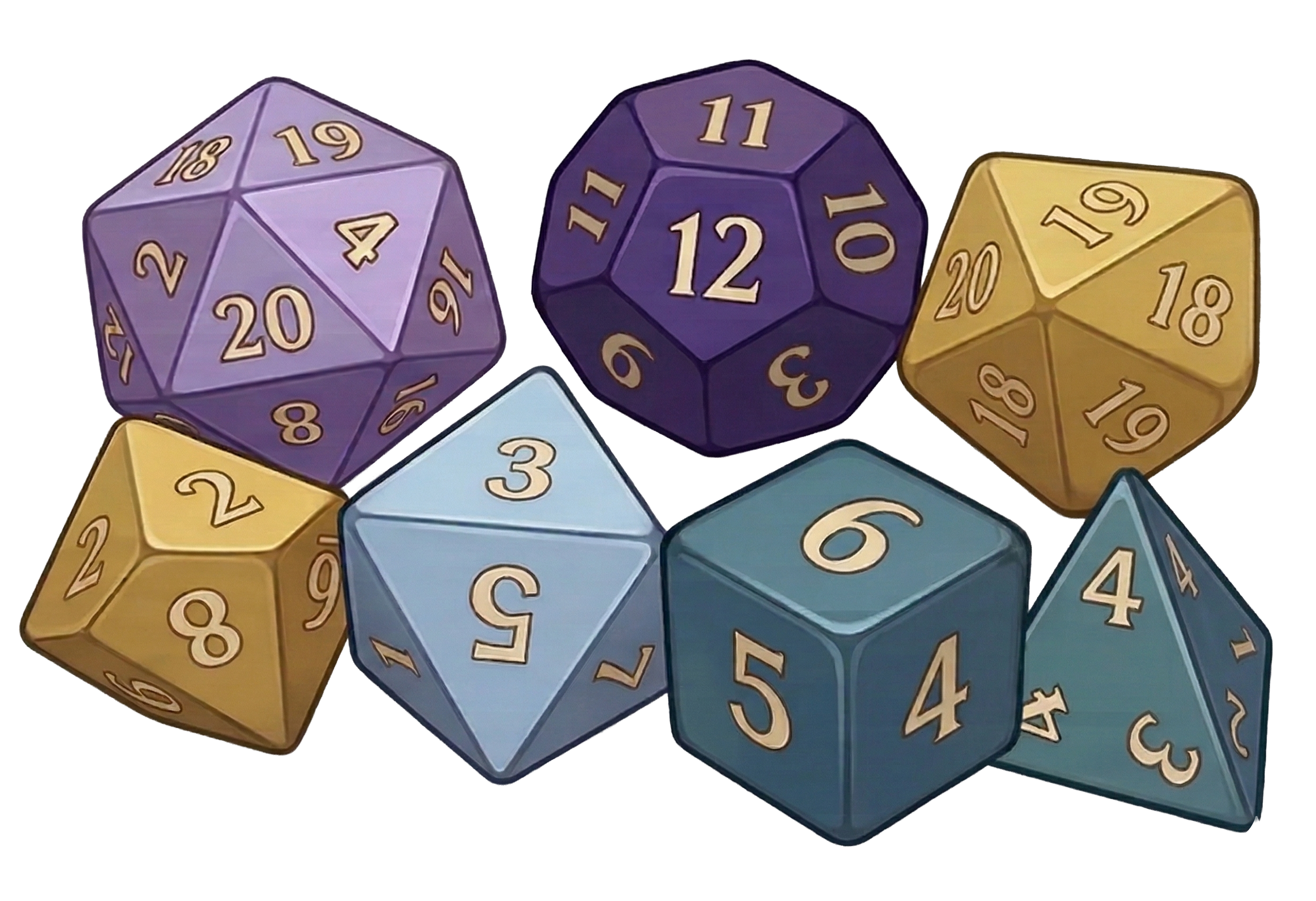 Different dice in colors blue, yellow and purple